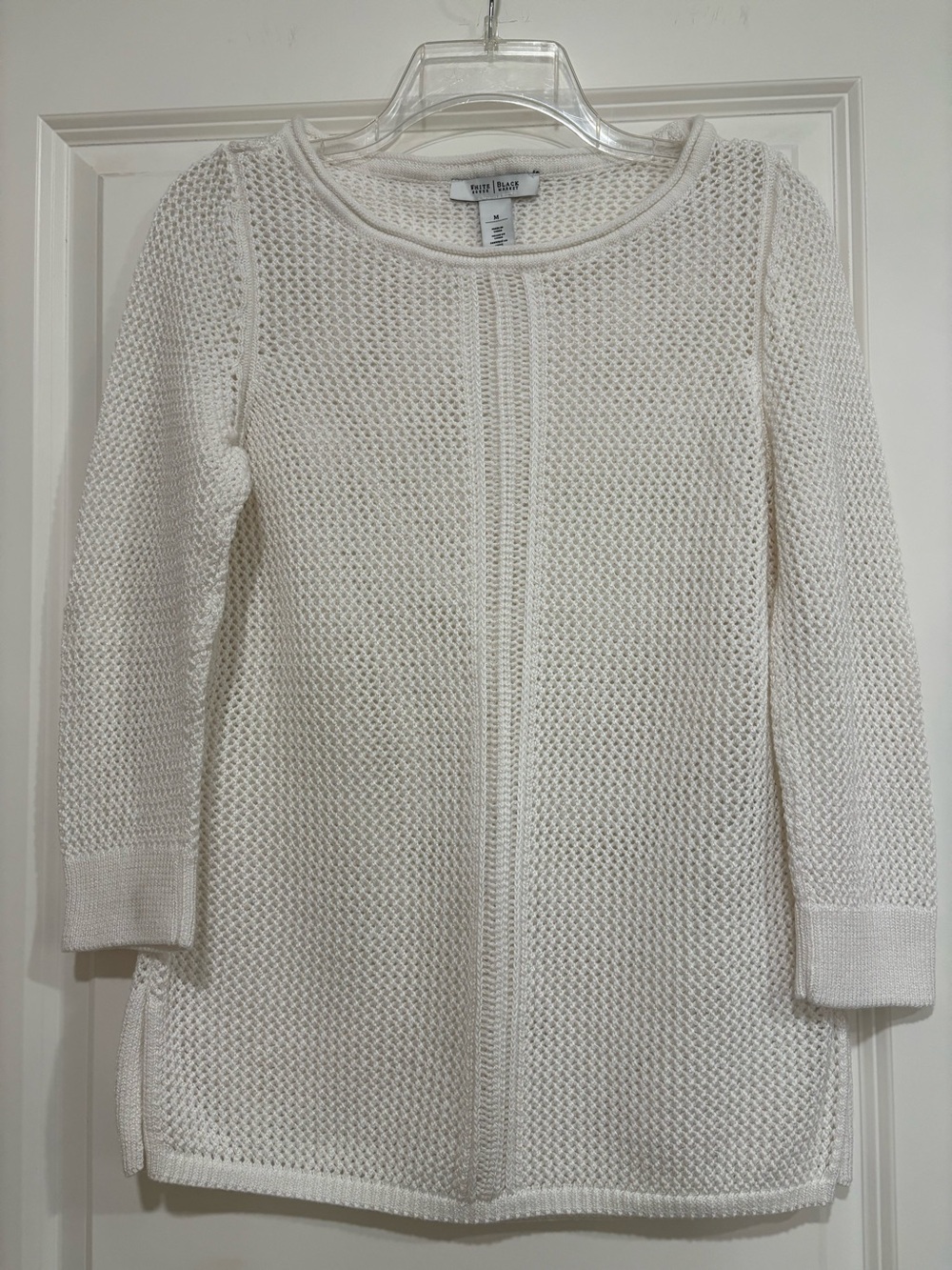 White House Black Market White Open Crochet Knit Cover-up/Pullover Sweater Sz M - Picture 4 of 9